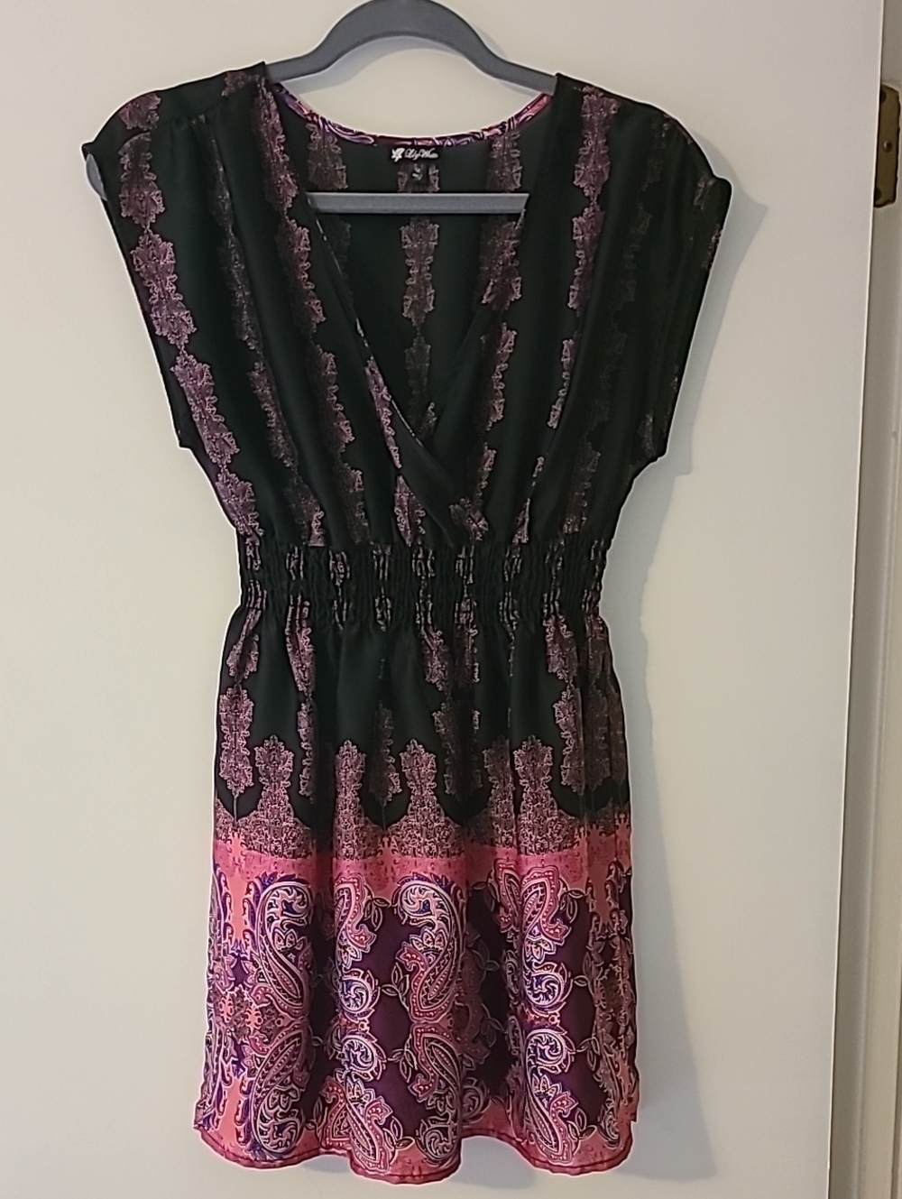 Lily White Smocked Waist Paisley Tunic Top Mini Dress V-Neck Boho Pink Purple